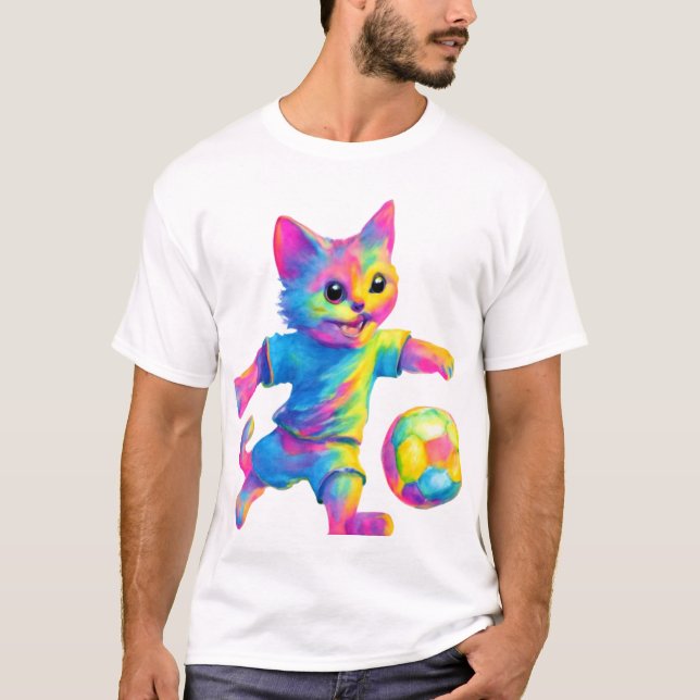 Cat Striker – Cute Soccer Playing Cat T-Shirt (Front)