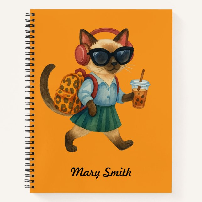 Cat Student Back to School  Head phone bubble tea Notebook (Front)