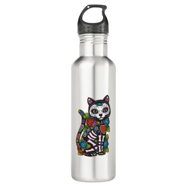 Cat Sugar Skull Mexico Calavera Dia De Los Muertos 710 Ml Water Bottle (Front)