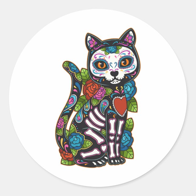 Cat Sugar Skull Mexico Calavera Dia De Los Muertos Classic Round Sticker (Front)