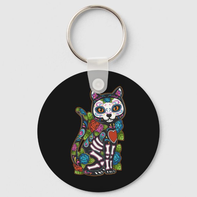 Cat Sugar Skull Mexico Calavera Dia De Los Muertos Key Ring (Front)