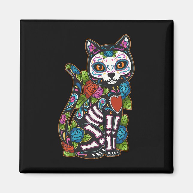Cat Sugar Skull Mexico Calavera Dia De Los Muertos Magnet (Front)