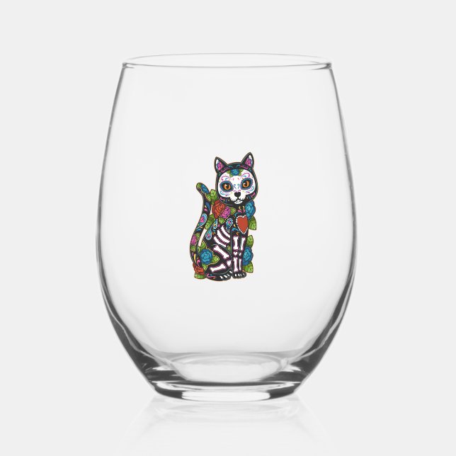 Cat Sugar Skull Mexico Calavera Dia De Los Muertos Stemless Wine Glass (Front)