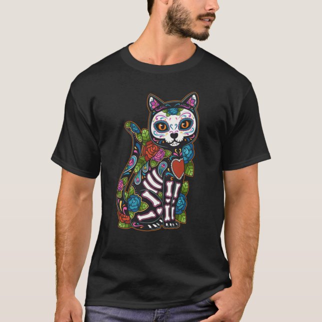 Cat Sugar Skull Mexico Calavera Dia De Los Muertos T-Shirt (Front)