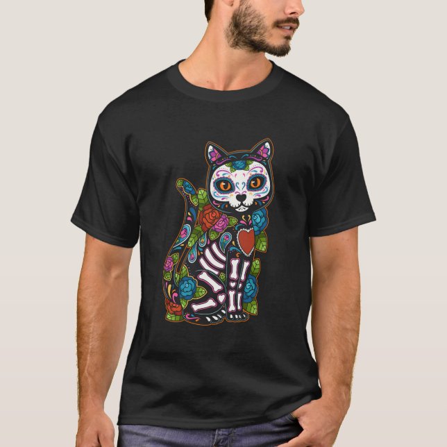 Cat Sugar Skull Mexico Calavera Dia De Los Muertos T-Shirt (Front)