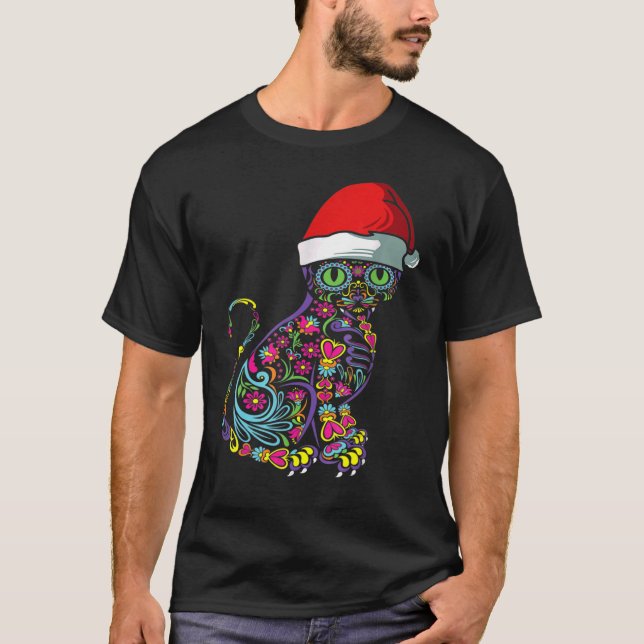 Cat Sugar Skull Santa Hat Christmas Pet X Mas Owne T-Shirt (Front)