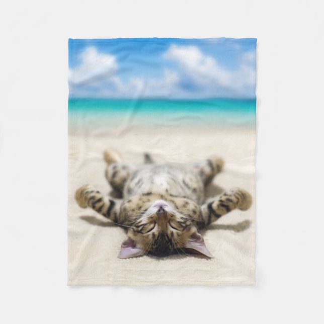 Cat Sunbathing at the Beach  Fleece Blanket (Front)