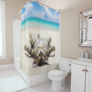 Cat Sunbathing at the Beach   Shower Curtain
