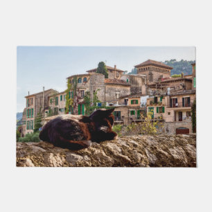 Cat sunbathing on a wall - Valldemossa, Mallorca Doormat
