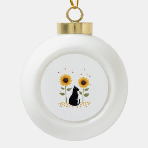Cat Sunflower Christmas Tree Sun Flower Cat Lover  Ceramic Ball Christmas Ornament