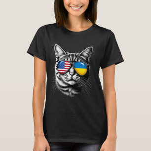 Cat Sunglasses Design Ukraine USA Flag T-Shirt