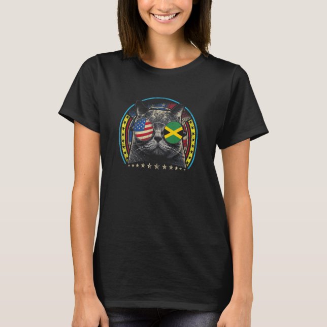 Cat Sunglasses Jamaica Us Flag Roots Jamaica Ameri T-Shirt (Front)