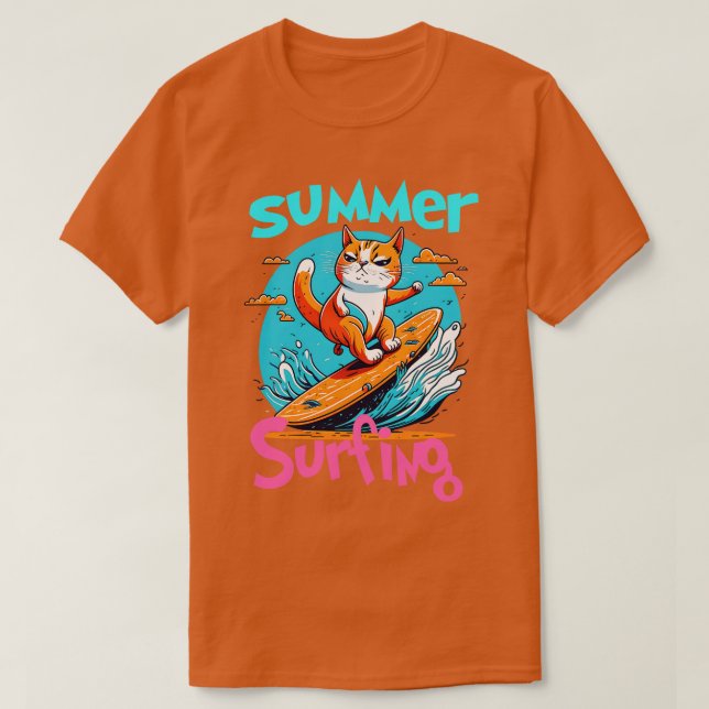 Cat Surfing Funny T-Shirt (Design Front)