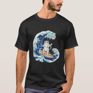 Cat Surfing Great Wave Eating Sushi Japanese Art M T-Shirt