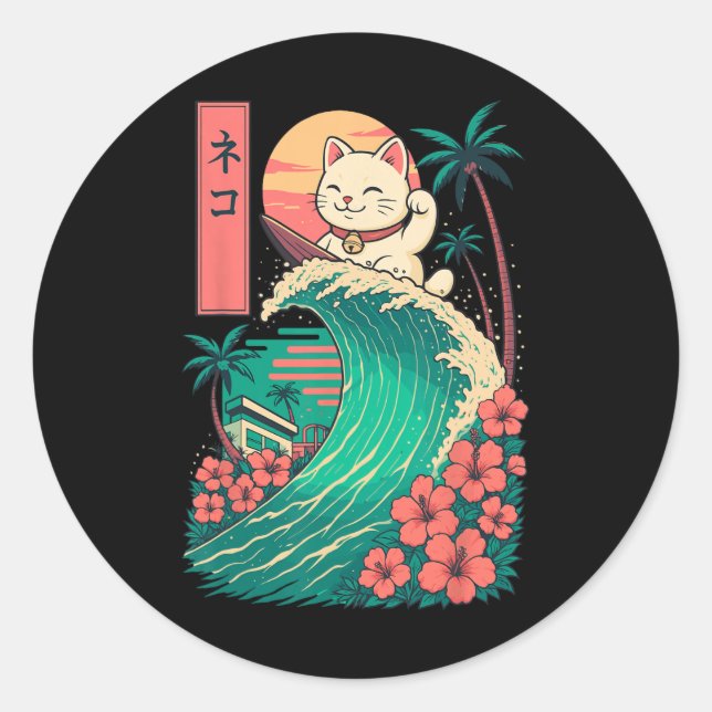 Cat Surfing Japanese _1  Classic Round Sticker (Front)