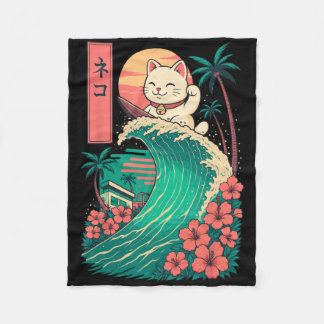 Cat Surfing Japanese _1  Fleece Blanket