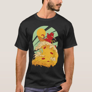 Cat Surfing Pizza In Cool Samurai Style T-Shirt