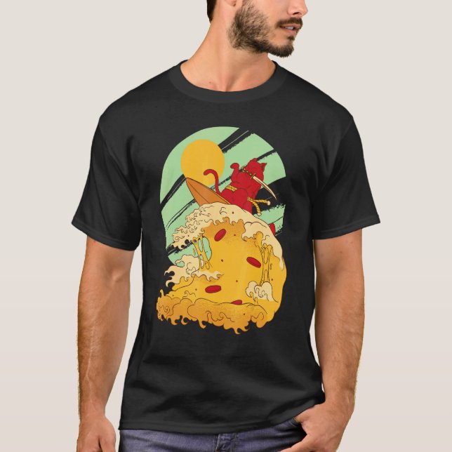 Cat Surfing Pizza in Cool Samurai Style T-Shirt (Front)