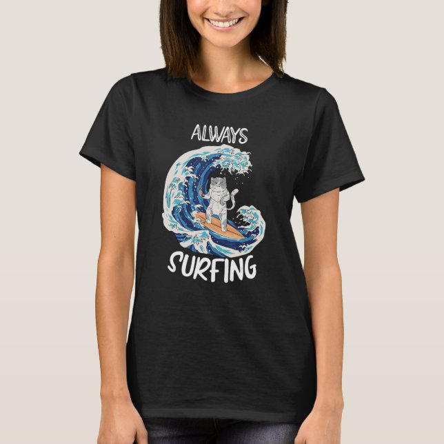 Cat Surfing Surfboard Surfer T-Shirt (Front)