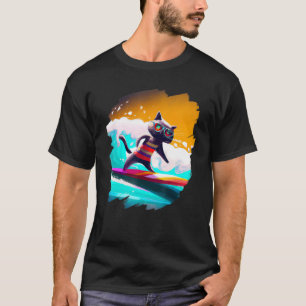 Cat Surfing Surfer Riding Wave Ocean Artistic Cool T-Shirt