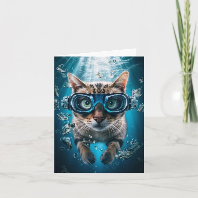 Cat Swimming With Goggles Blank Card (Front)