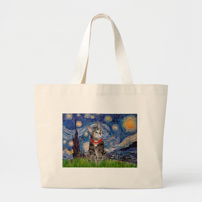 CAT (Tabby2) - Starry Night Large Tote Bag (Front)