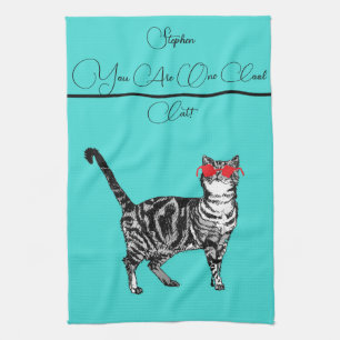 Cat Tabby Cats Mens Cool Cat Teal Aqua Name Tea Towel