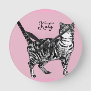 Cat Tabby Pastel Cats Girls Rose Pink Pets Round Clock