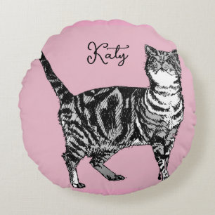 Cat Tabby Pastel Cats Girls Rose Pink Pets Round Cushion