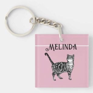 Cat Tabby Pastel Cats Kids Girls Light Pink Badge Key Ring