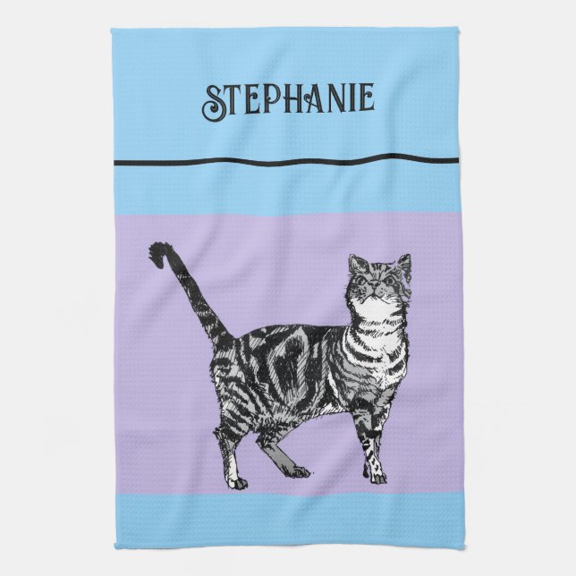 Cat Tabby Pastel Cats Womens Light Blue Purple Tea Towel (Vertical)