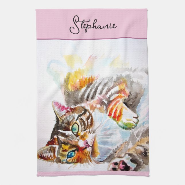 Cat Tabby Pastel Cats Womens Rose Pink Pets Tea Towel (Vertical)