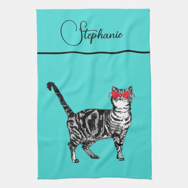 Cat Tabby Pastel Cats Womens Teal Aqua Name Tea Towel (Vertical)