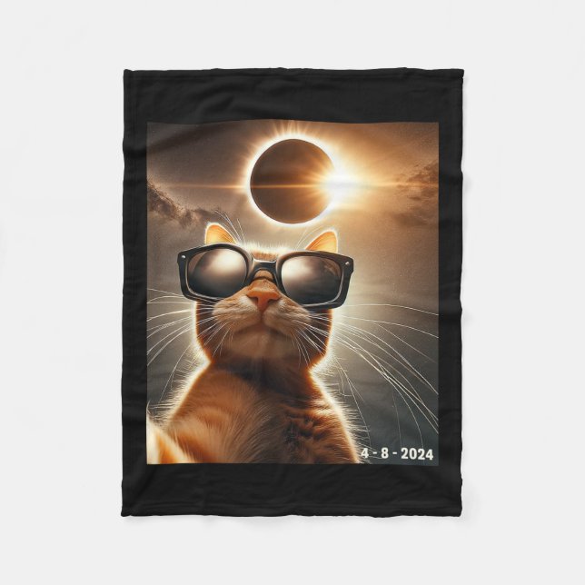Cat Taking A Selfie With Solar 2024 Eclipse Wearin Fleece Blanket (Front)