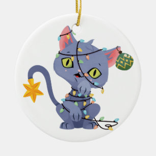 Cat Tangled in Christmas Lights Ceramic Tree Decoration