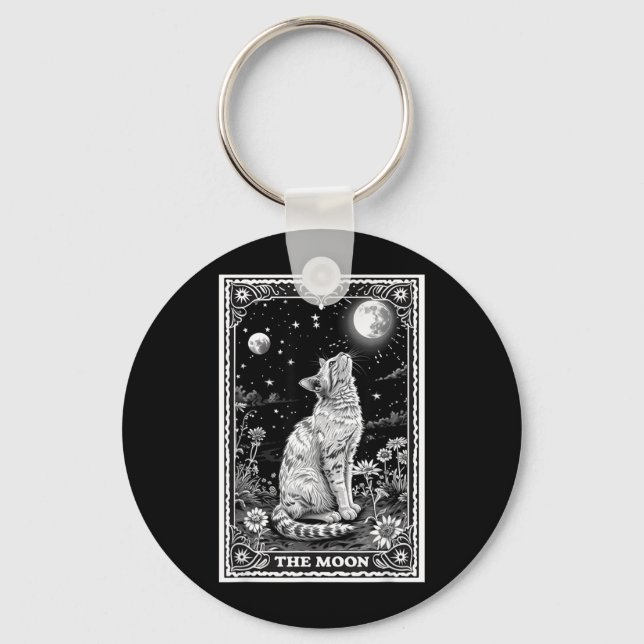 Cat Tarot Card Witchy Moon Hat Halloween Black Key Ring (Front)