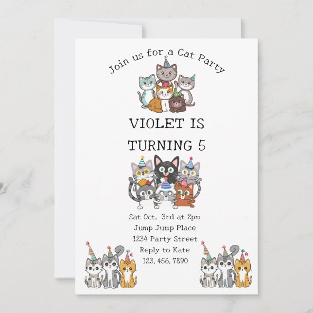 Cat-Tastic Kitty Cat Birthday Party With Gold Foil Invitation (Front)