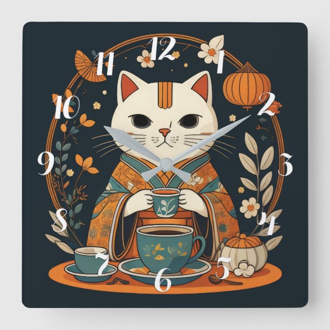 Cat Tea Time Japanese Square Wall Clock (Front)