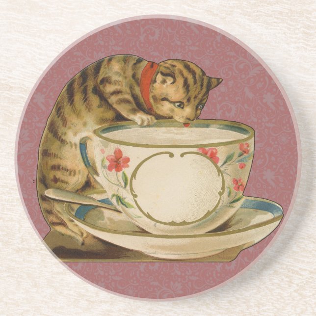 Cat Teacup Cute Vintage Victorian Coaster (Front)