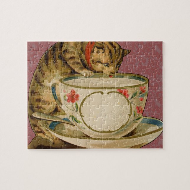 Cat Teacup Cute Vintage Victorian Jigsaw Puzzle (Horizontal)