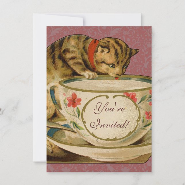 Cat Teacup Cute Vintage Victorian Pet Classic Invitation (Front)