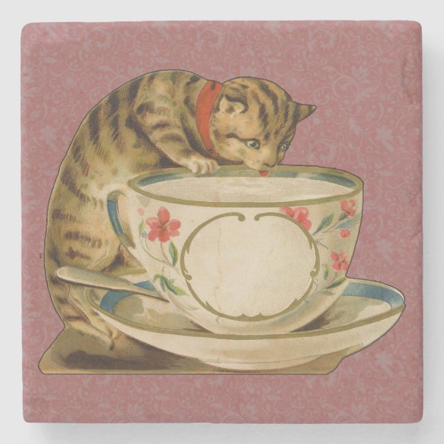 Cat Teacup Cute Vintage Victorian Pet Classic Stone Coaster (Front)