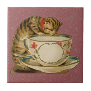Cat Teacup Cute Vintage Victorian Pet Classic Tile