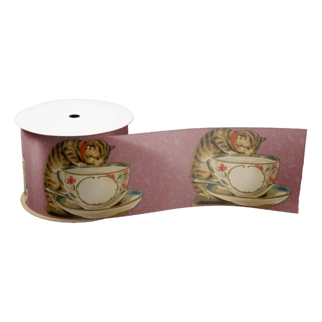 Cat Teacup Cute Vintage Victorian Satin Ribbon (Spool)