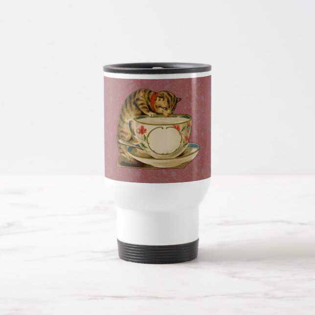 Cat Teacup Cute Vintage Victorian Travel Mug (Center)