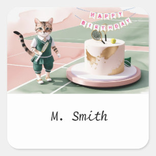 Cat Tennis Player at the court with Birthday Cake Square Sticker