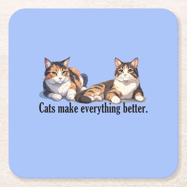 Cat Theme Adorable Light Blue Paper Coaster (Front)
