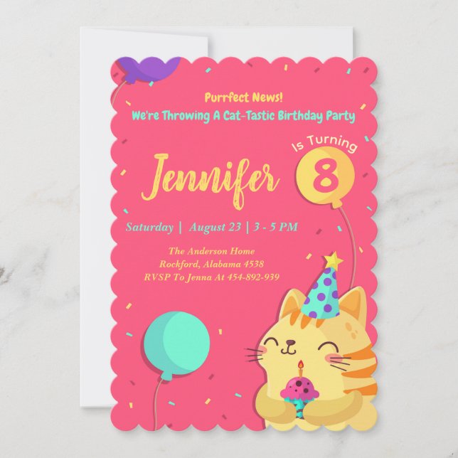 Cat Themed Birthday Invitation | Girl Cat Editable (Front)