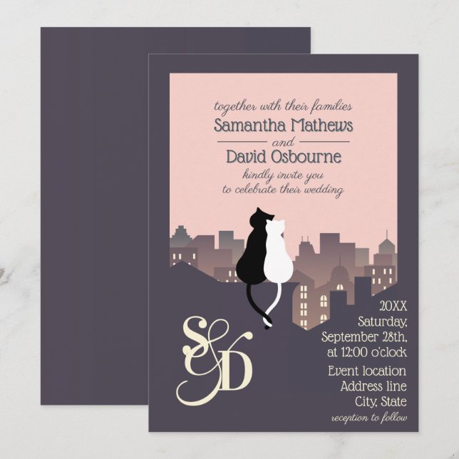 Cat themed monogram wedding design invitation (Front/Back)