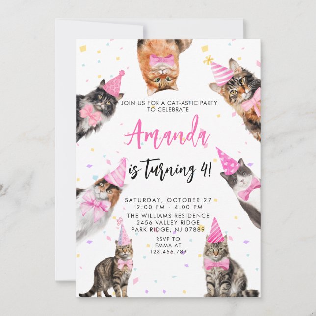Cat Themed PINK GIRL Birthday Invitation (Front)